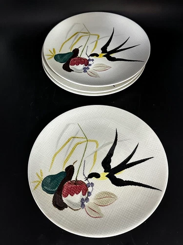 RED WING POTTERY USA CAPISTRANO HAND PAINTED PLATES - SET OF 4 VINTAGE MCM