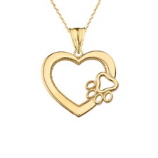 Gold Heart Paw Print Pendant Necklace Available In Yellow/Rose/White Gold