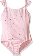 Girls Pink Sleeveless Leotard With Ruffle Straps  Rhinestone Accents