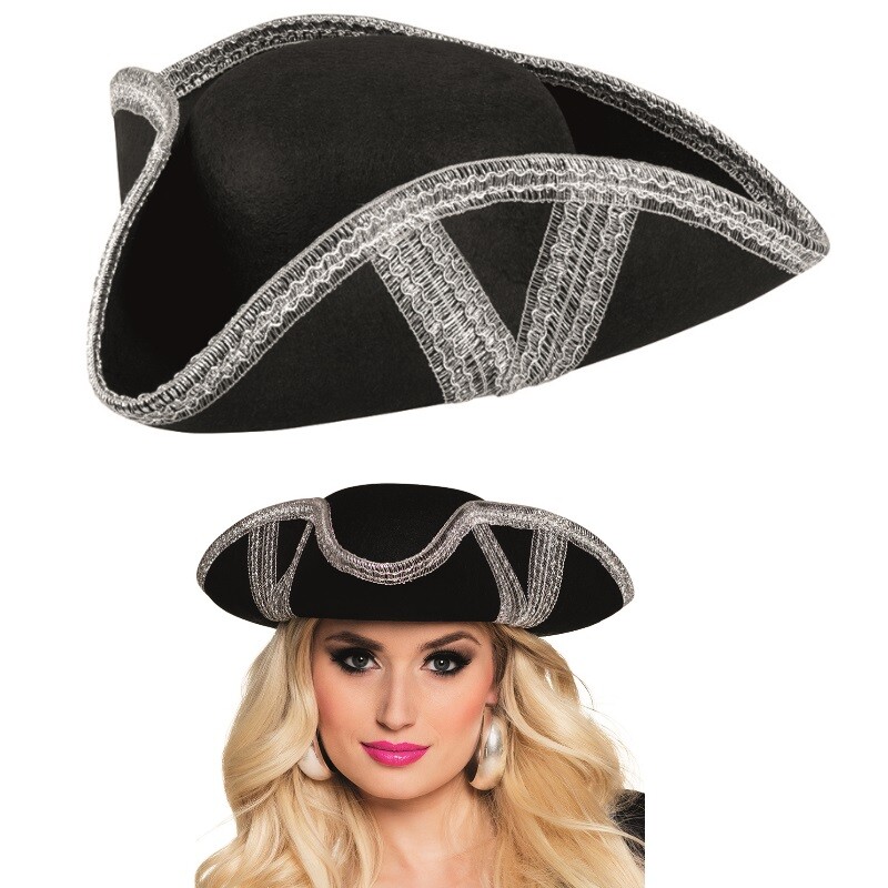 Relaxdays Piratenhut 4er Set, Dreispitz Schwarz/silber | Für Fasching, Karneval, Halloween, Erwachsene