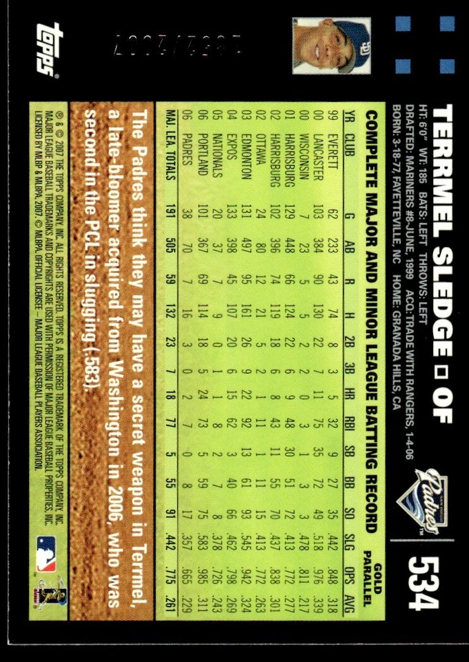 2007 Topps Gold Terrmel Sledge /2008 San Diego Padres #534 - Image 2 of 2