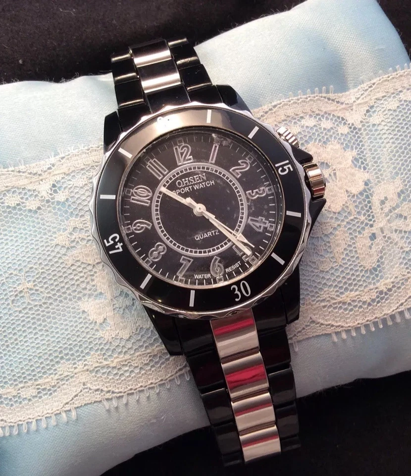 OHSEN Water Resistant Black And Silver Quartz Watch New Battery Works - Image 3 of 4