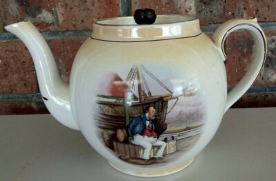 VINTAGE c1930's GRIMWADES DICKENS CAPTAIN CUTTLE LGE TEAPOT with METAL LID