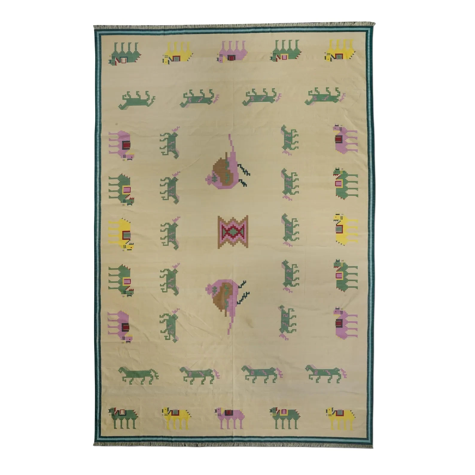 Modern Hand Knotted Cotton Dhurrie Rug Color White and Green Design Carpet Rug