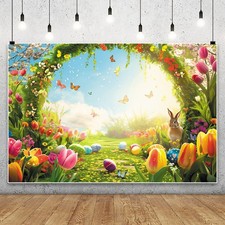 Easter Backdrop Photo Spring Garden Blue Sky Bunny Eggs Flower Background Party