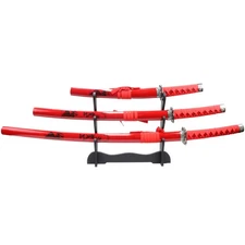 3pc Red Samurai Katana Sword Set Carbon Steel Blades with Stand Good Quality