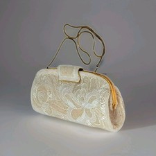 Vintage Hand Beaded White Floral Bridal Evening Clutch Purse Hong Kong 10.5"