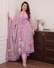 Woman Pink Muslin Pakistani Suit Set Floral Print Kurti Pant Dupatta Ethnic Wear