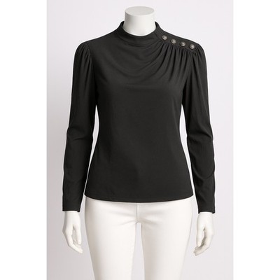 Tahari Button Accent Mock Neck Top Long Sleeve Black Elegant Blouse Size M/M
