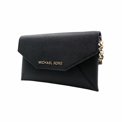 New Michael Kors Jet Set Saffiano Leather Black Envelope Clutch Crossbody