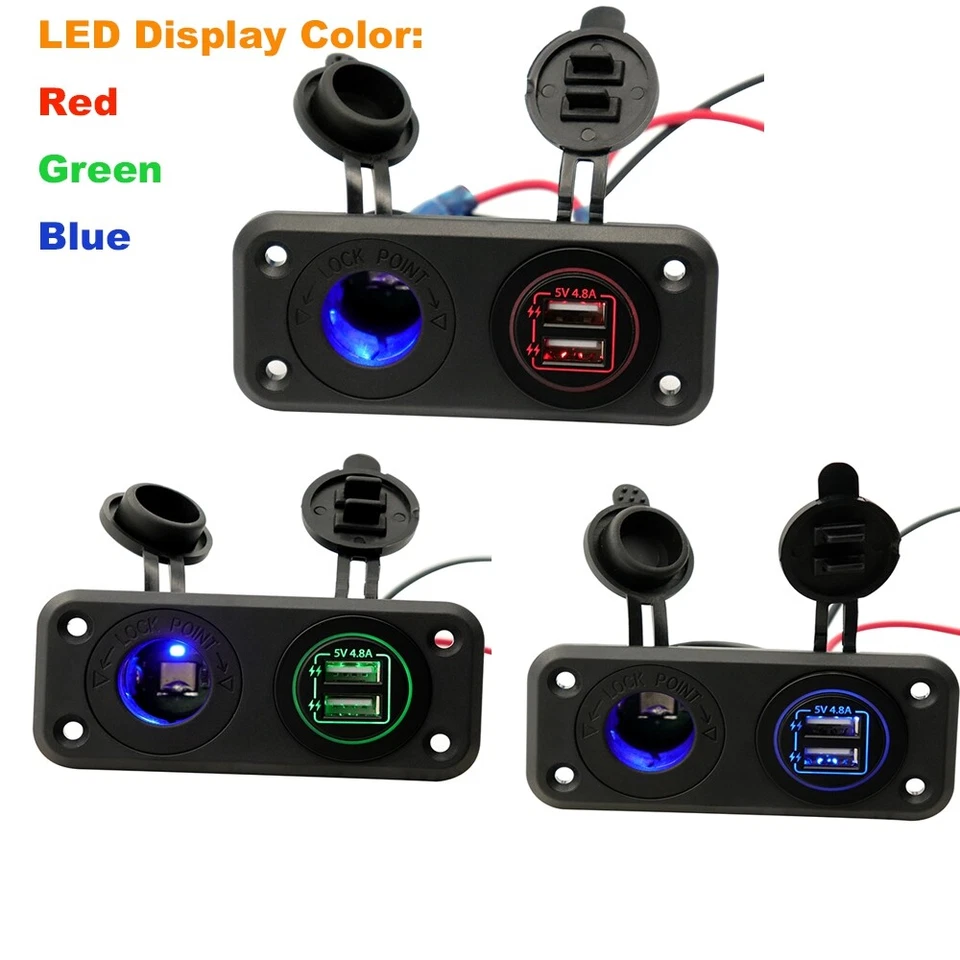 4.8A Dual USB Charger Power Socket +LED Light+ 2 Hole Panel Cars RV Boat - Image 4 of 4