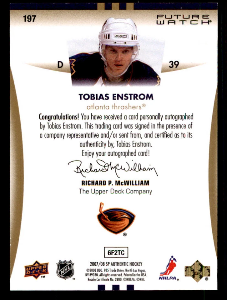 2007-08 SP Authentic #197 Tobias Enstrom AU RC /999 (ref 239979) - Image 2 of 2