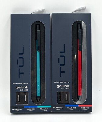 TUL Fine Writing Gel Pens, Med Point, 0.7 mm, Teal and Red Ink w/ 2 refills