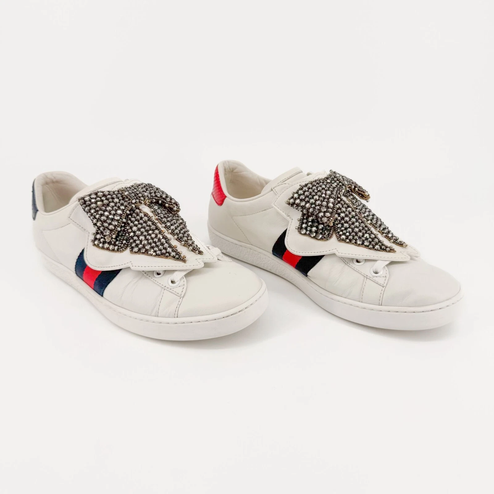 Baskets basses à lacets Gucci Crystal Bow Ace EU 37,5 US 7,5 cuir blanc