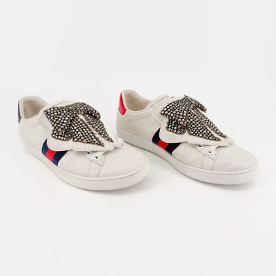 Gucci Crystal Bow Ace Sneakers EU US White Leather Low