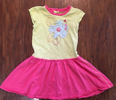 Baby Lulu Girls Pink Green Drop Waist Dress Cotton Knit Flower Buttons Size 4