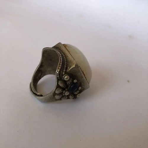 China Antique Rings Chinese Retro Craft Made Old Tibetan Inlaid White Jade Ring - Picture 9 of 21