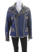 Gucci Womens Leather Crystal Embellished Zip Up Coat Jacket Navy Size M