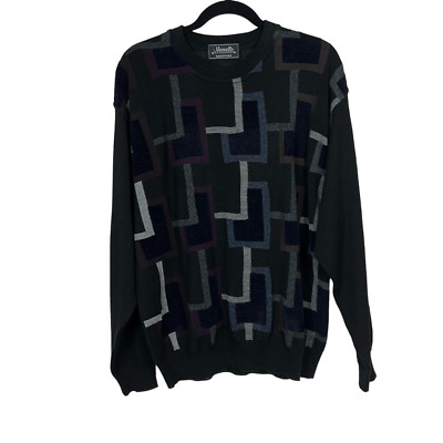 Marcello Italy Wool Blend Black Geo Print Crew Neck Pullover Mens Sweater Size L