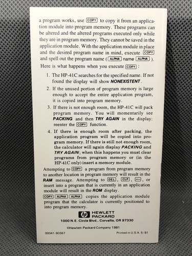HP-41C/41CV Quick Reference Guide, 5/81 Printing - Picture 2 of 2