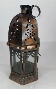 Ornate Moroccan Metal Candle Lantern Tea Light Votive Metal & Glass Hangs