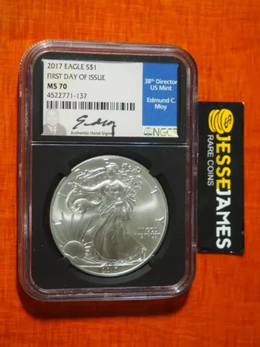 2017 $1 AMERICAN SILVER EAGLE NGC MS70 FIRST DAY OF ISSUE EDMUND MOY SIGNED LABL