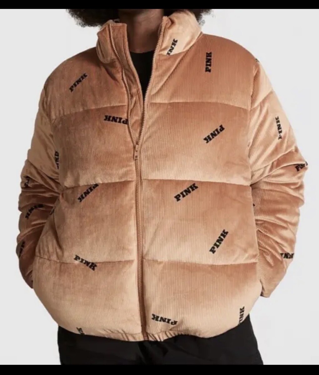 VICTORIA SECRET PINK RIB VELOUR CROP PUFFER JACKET COAT CARAMEL  