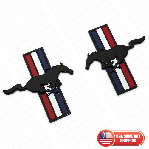 3D Car Mustang Sport Left & Right Fender Horse Badge Emblem Gloss Black