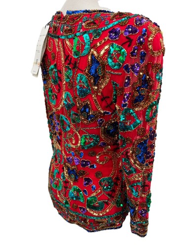 Black Tie Oleg Cassini Beaded Top Sequined Formal Red Blouse Size Small Vtg 80s - Picture 7 of 12