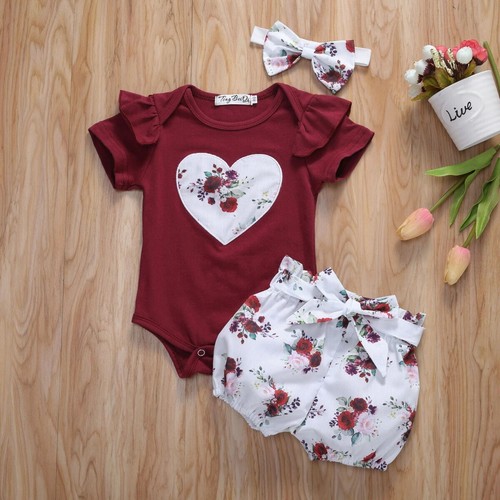 Toddler Girl Clothes Ruffled Sleeve Romper Top Cute Floral Shorts+Headband Set - Picture 11 of 12