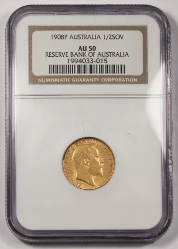Australia 1908 P 1/2 Half Sovereign Sov Gold Coin NGC AU50 Edward VII Perth Mint