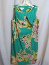 Dressbarn Ladies Dress Green Multi Floral Paisley Shift Zipper Sleeveless Sz 14