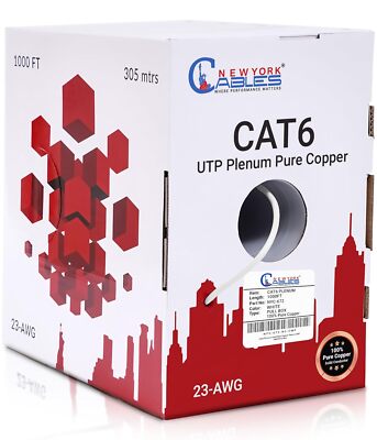 CAT6 Plenum (CMP) 1000ft Solid Copper 550MHz 23AWG UTP Bulk Ethernet Cable Blue
