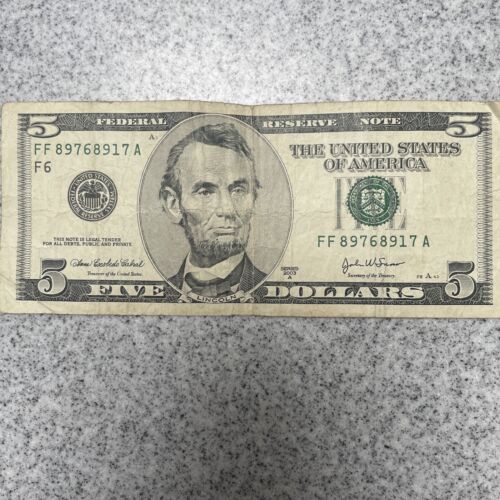 2003 $5 Five Dollar Bill Federal Reserve Note Vintage Rare 21 Years Old