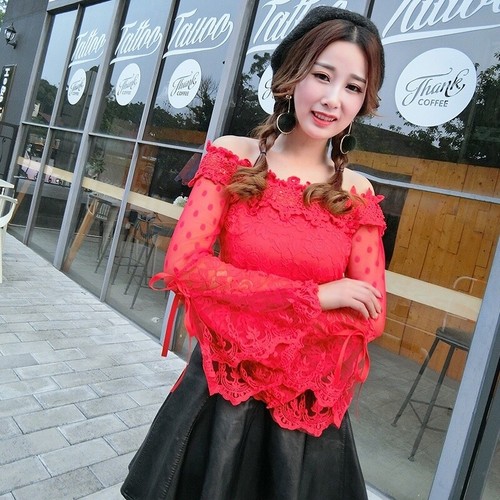 Damen Spitzenshirt Rüschen Tops Bluse Tupfen Stickerei Netz Schlagärmel schwarz - Bild 8 von 16