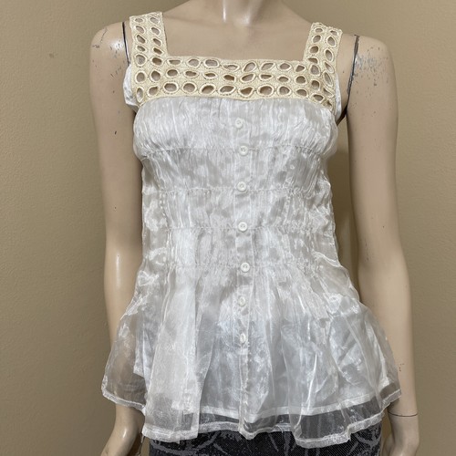 Women’s White Polyester Casual Summer Open Lined Sheer Button Size L Blouse Top - 第 1/19 張圖片