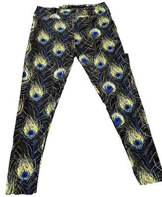 LuLaRoe TC2 Leggings Black with Peacock Feather Print All Over