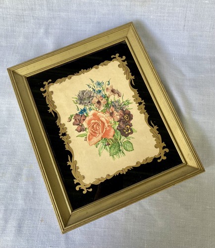 Framed Floral 1930's Print under Reversed Painted Glass in Black Gold 11.5 x 9.5 - Picture 6 of 8