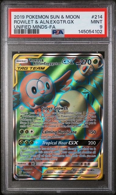 ROWLET & ALOLAN EXEGGUTOR GX #214 PSA 9 2019 POKEMON S&M UNIFIED MINDS FULL ART