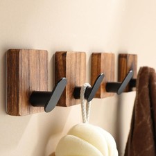 Towel Hooks for Bathrooms, 4 Pack Adhesive Wood Hooks for Hanging Robes, Towels,