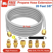 20FT Stainless High Pressure Braided Propane Hose Extension, Conversion Coupling