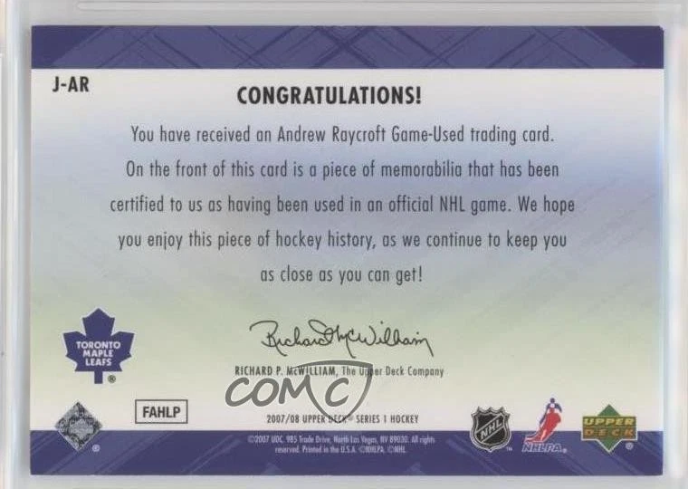 2007-08 Upper Deck Game Jersey Series 1 Andrew Raycroft #J-AR - Image 2 of 2