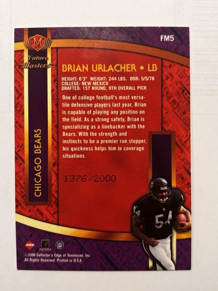2000 Collector's Edge Masters - Future Masters Brian Urlacher #FM5 Gold /2000 RC - Image 2 of 3