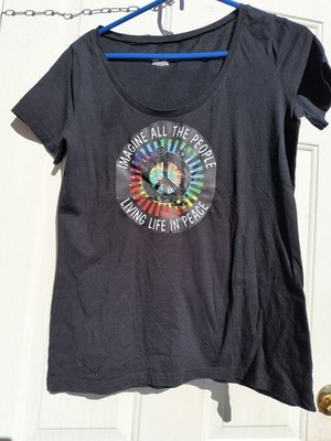 ''Imagine All the People Living Life in Peace'' Women's Black T-shirt  XL