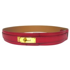 HERMES Kelly Metal Leather Belt, Size 70, Red with Gold Color Metal Women USED