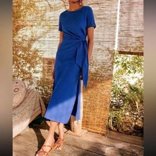SEZANE STRETCH JERSEY COTTON DEEP BLUE KNOTTED MIDI DRESS PIPPA-XXL
