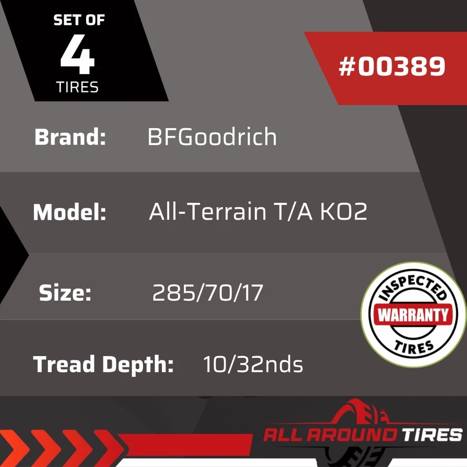 Set of 4 Used BFGoodrich All-Terrain T/A KO2 285/70R17  All-Terrain – #00389 - Image 3 of 4