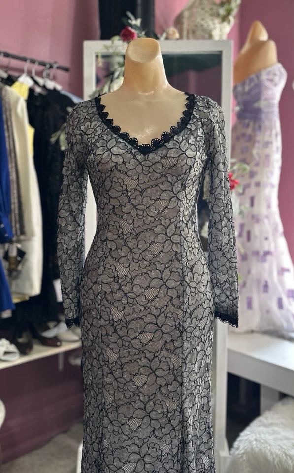 Maxi Vestido Midi Vintage Años 90 Plateado Negro Floral Encaje Semi Transparente Grunge Bruja S Foto 3 de 4