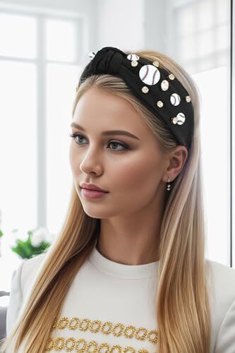 Baseball Headbands for Women Pearl Crystal Knotted Headband Baseball Black-1 - Imagen 3 de 5