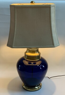 Vintage Mid-Century Modern Large Cobalt Blue Glass and Brass Table Lamp  RARE
